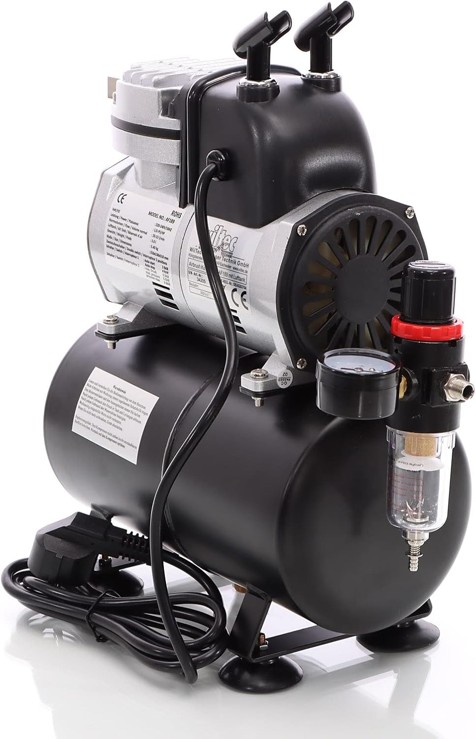 Wiltec airbrush zuigercompressor AF189 airbrushcompressor met 1 cilinder en luchttank voor werking tot 6 bar met manometer
