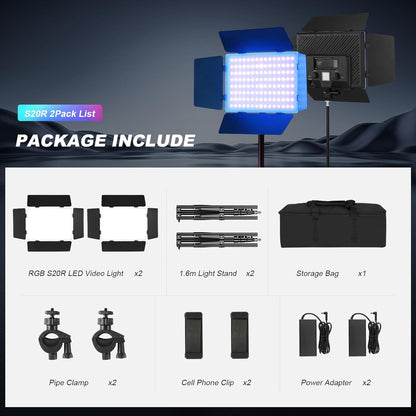 Soonpho 2 stuks videolicht, led, RGB, paneel met roosterdeur, 2500 – 8500 K, dimbaar, 20 W, fotografie, studiolicht, met 1,6 m statief en mobiele telefoonhouder voor video, YouTube Live