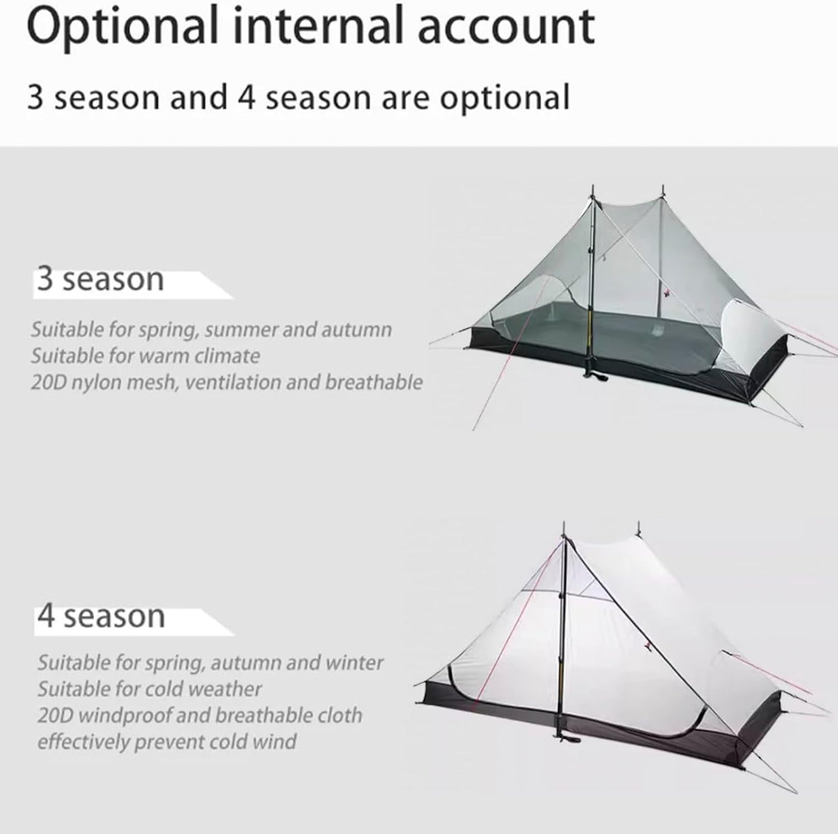 3FULGEAR Lanshan 2 Tent 2 Persoon Ultralight Camping Tent, 3/4 Seizoen Professionele 15D Silnylon Stangloze Tent voor Kamperen, Klimmen, Wandelen