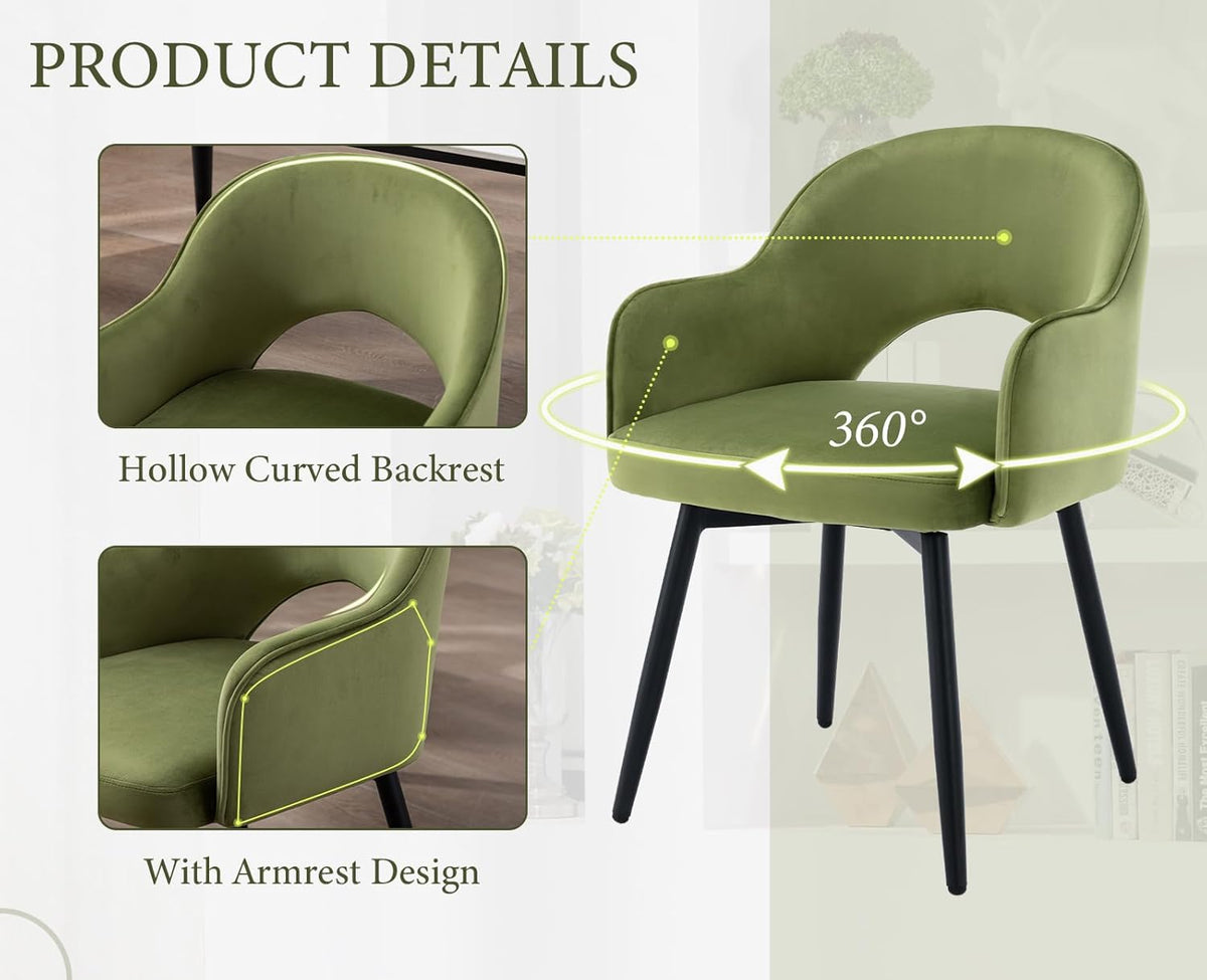 Draaistoelen Eetkamerstoelen – Keukenstoelen – Fluwelen Stoelen – Swivel Stoelen – Set van 2 – Zachte Fluwelen Bekleding – 360° Draaibaar Met Armleuning - QUORE