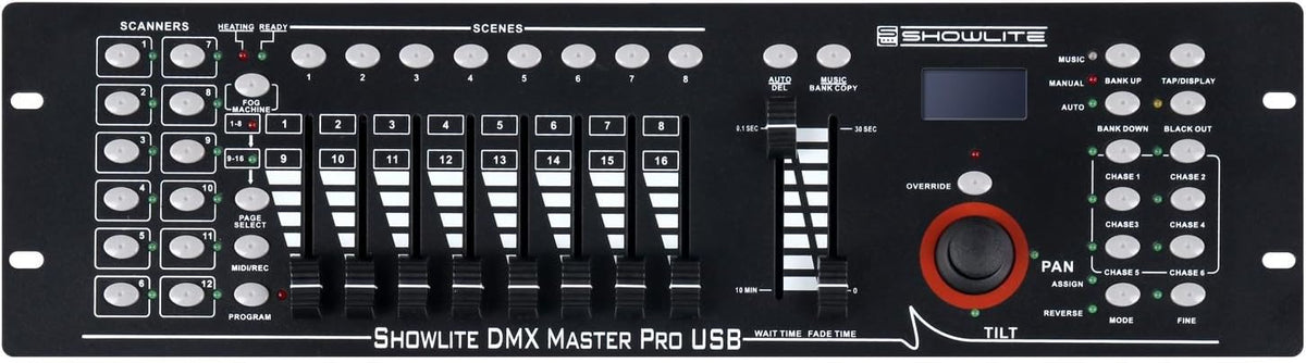 Showlite Master Pro 192-kanaals DMX-controller (voor professionele lichtsturing, USB-aansluiting voor gegevensopslag, max. 240 scènes geheugen, Midi-input: 5-polige standaardinterface)