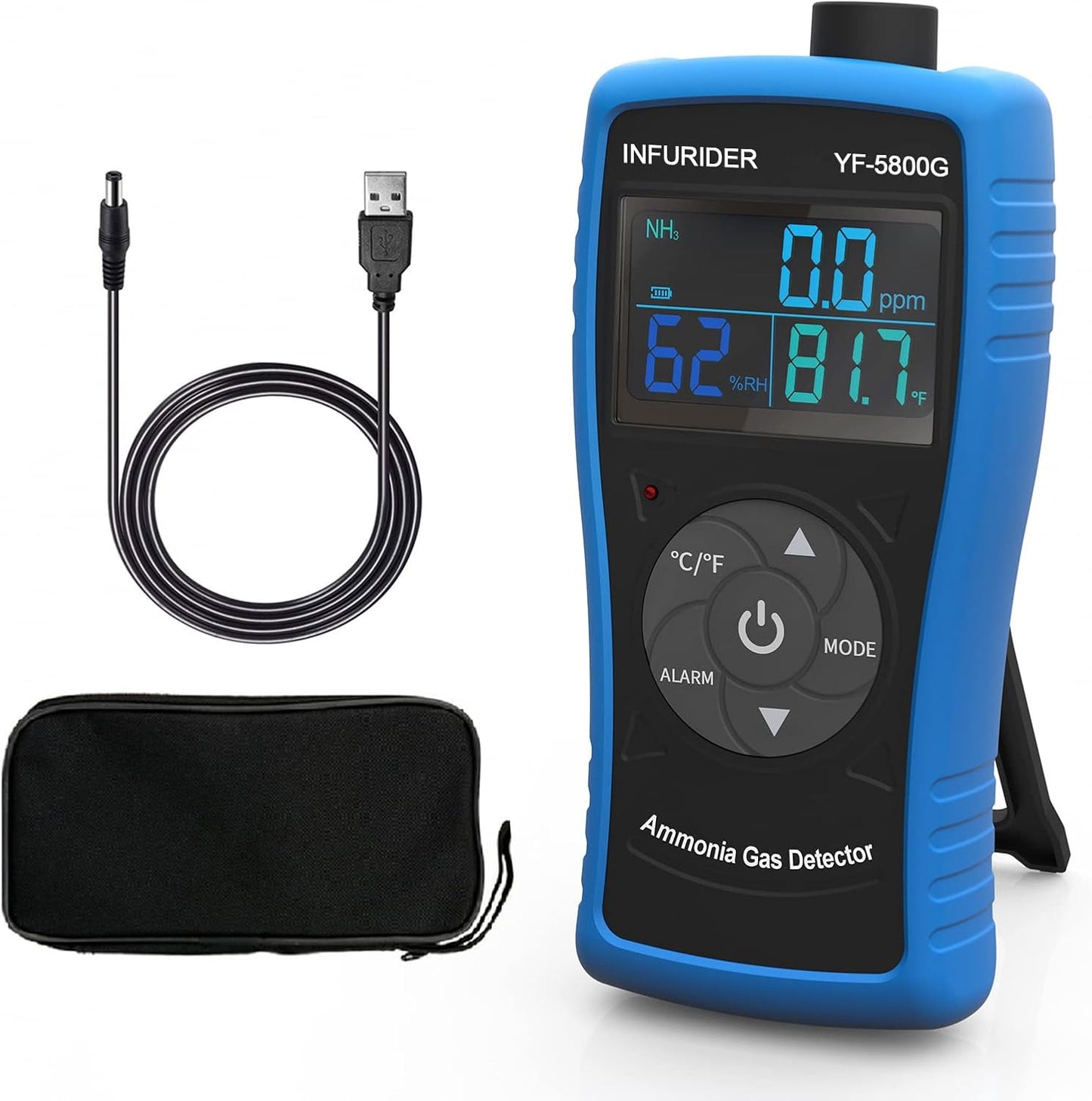 Portable Ammonia Gas Detector, USB Rechargeable NH3 Gas Monitor with Audible & Visual Alarm, Ammonia Meter Range 0-100ppm with 0.1ppm Resolution for Farm, Pig & Livestock(INFURIDER YF-5800G)