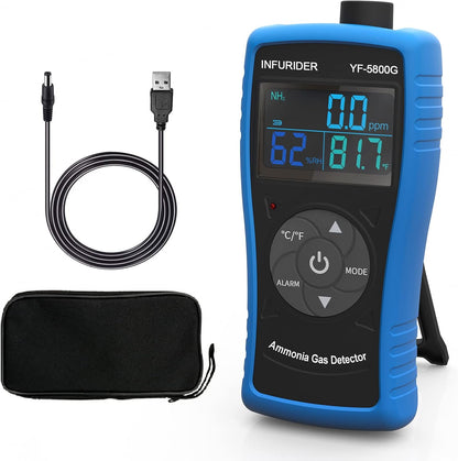 Portable Ammonia Gas Detector, USB Rechargeable NH3 Gas Monitor with Audible & Visual Alarm, Ammonia Meter Range 0-100ppm with 0.1ppm Resolution for Farm, Pig & Livestock(INFURIDER YF-5800G)