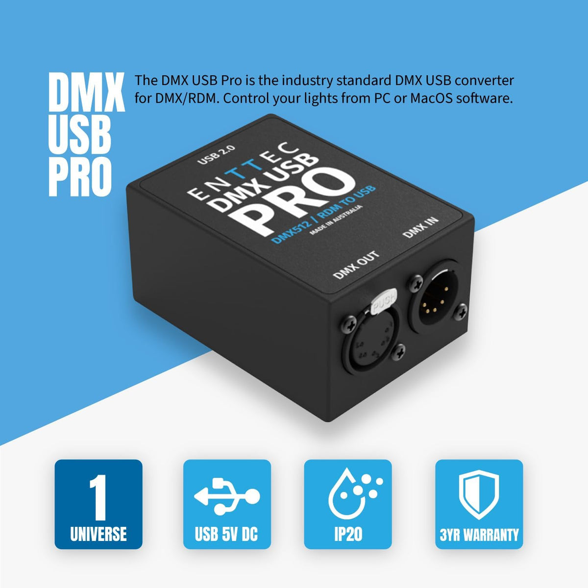 USB naar DMX/RDM interface – DMX interface – USB DMX interface – DMX dongle – DMX converter – 1 universum, 512 kanalen – 1500 V volledige isolatie en interne frame buffering