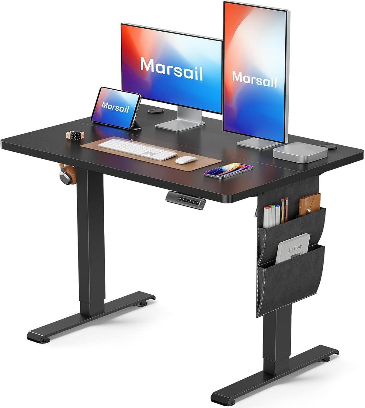 Marsail Staande bureau in hoogte verstelbaar, elektrisch sta-bureau met Staragetas, staand bureau voor thuiskantoor, computerbureau, vooraf ingestelde geheugen met hoofdtelefoonhaak, 100 x 60 cm