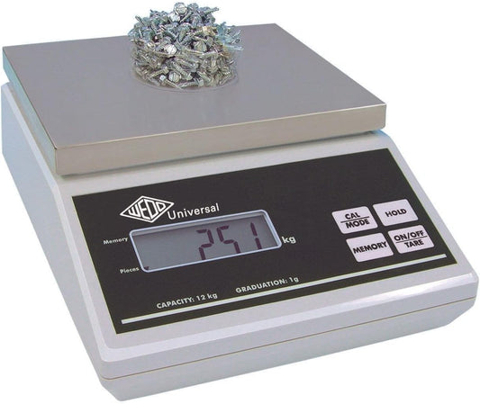 Wedo 507012 Universele elektronische weeg- en deeltellweegweegschaal (12 kg 12 kg/1 g, met EU-voeding) grijs