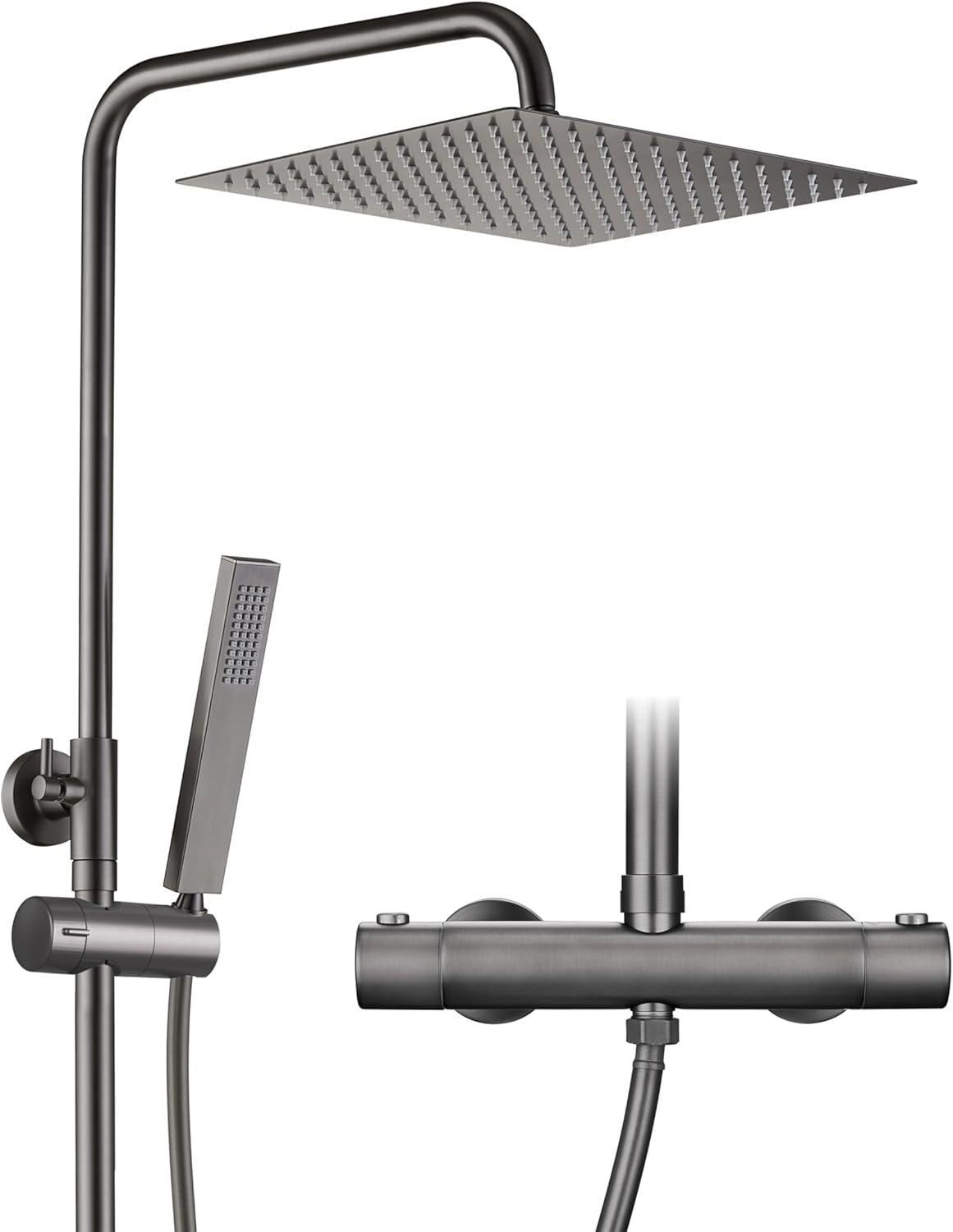 Görbach Thermostaat douchesysteem met douchearmatuur, complete set, regendouche, doucheset met roestvrijstalen douchestang, douchekop 25 x 25 cm, gunmetal grijs