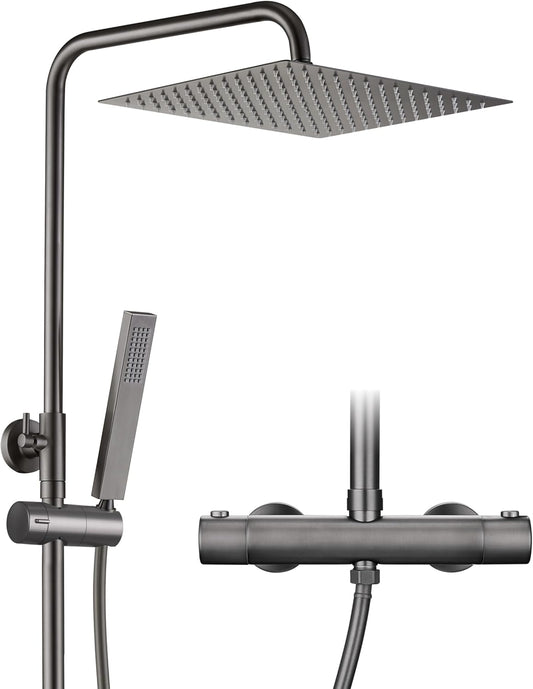 Görbach Thermostaat douchesysteem met douchearmatuur, complete set, regendouche, doucheset met roestvrijstalen douchestang, douchekop 25 x 25 cm, gunmetal grijs