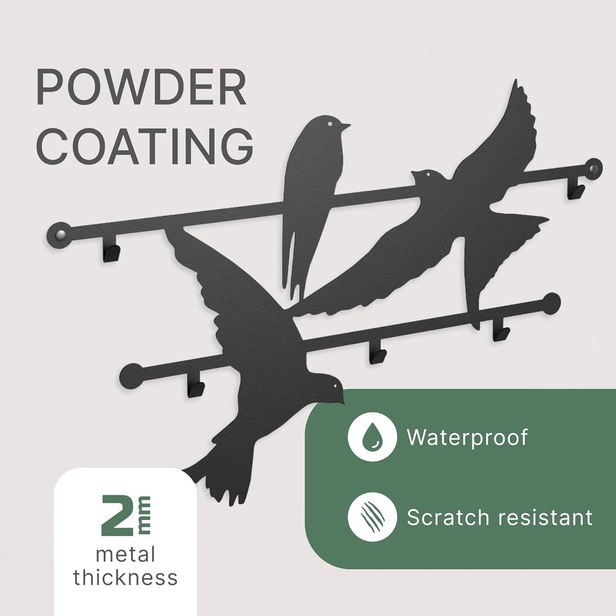 Entree kapstok 3 stuks metalen 2 mm wandontwerp gemonteerde vogels 68 x 106 cm - zwaar belastbare haken voor hal voor kinderen en volwassenen, decoratieve Art Deco ijzeren kledinghouder, slanke