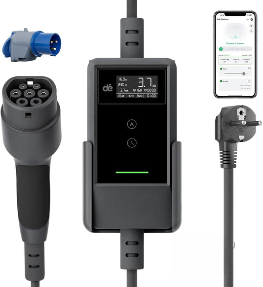 dé EV Charger Type 2 met APP 3,7kW [20m, 1-Fase, 6-16A] Thuislader Type 2 met Digitaal Display, Instelbare Stroom, EV Oplader 3,7kW voor Model Y/3, ID.3/4, EX30, Enyaq en andere EV/PHEV