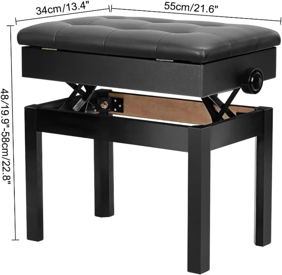 Piano zitbank 56 x 33,5 x 58 cm Verstelbare hoogte met PU leder Gepolsterde zitkussen Opbergruimte Smaak Afbergvak Hocker Zwart