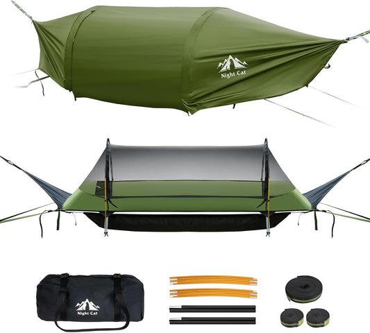 Night Cat Lay Flat Hammock: Flat Bottom with Mosquito Net Waterproof Rain Fly for 1 Person Camping in Garden Backyard Wild (Camouflage)