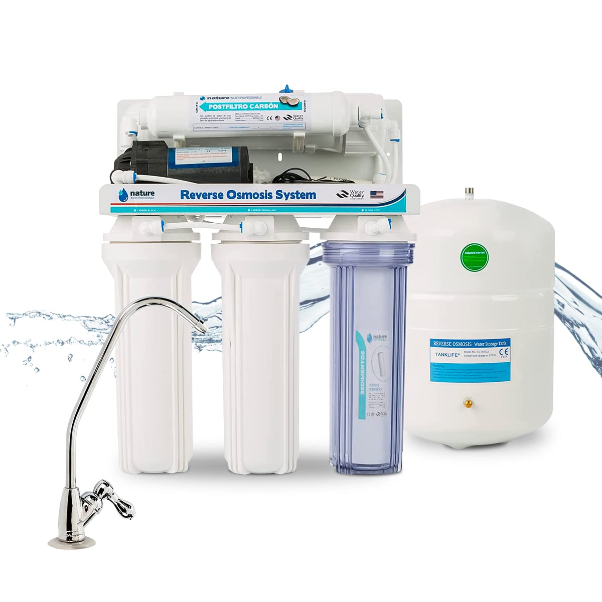 Nature Water Professionals Omgekeerde osmose-uitrusting, 5 niveaus, capaciteit voor 6 l, incl. 75 GPD-membraan, watertank, pomp en filter