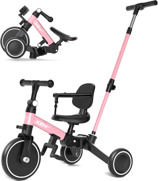 XJD 5-in-1 driewieler, loopfiets vanaf 1 jaar met duwstang voor kinderen vanaf 1 - 4 jaar, loopfiets met afneembare pedalen en verstelbare zitting, kinderdriewieler, babyfiets (roze)