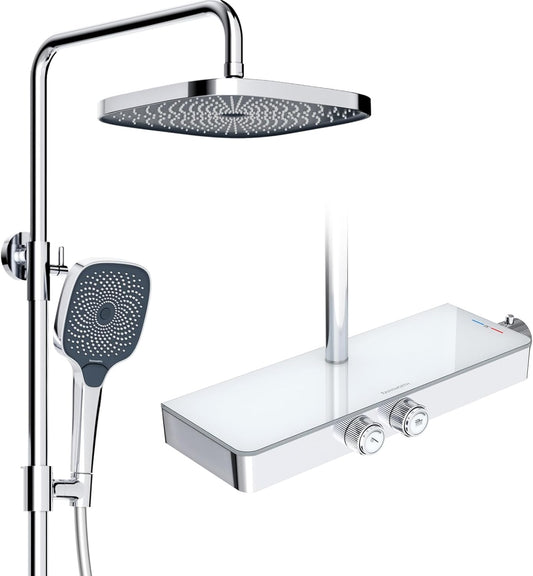 Douche Systeem – Douche Set – Regendouche – Handdouche – Thermostaatkraan – Eenvoudige Eén-Knop Bediening – Grote 26x26 cm Regendouche