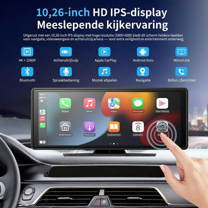 10.26 Inch Draadloos CarPlay Scherm & Android Auto Display - 4K Dashcam & 1080P Achteruitrijcamera - Draagbare Autoradio met Dual Bluetooth, FM, AUX & GPS Navigatie - Inbouwloos & Universeel