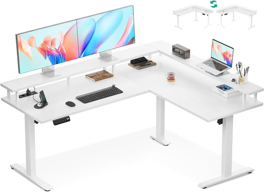 OffiGo Corner Desk Height Adjustable, 150x120cm Electric Standing Desk with Power Outlet, Standing Desk L Shape with Monitor Stand, White - QUORE