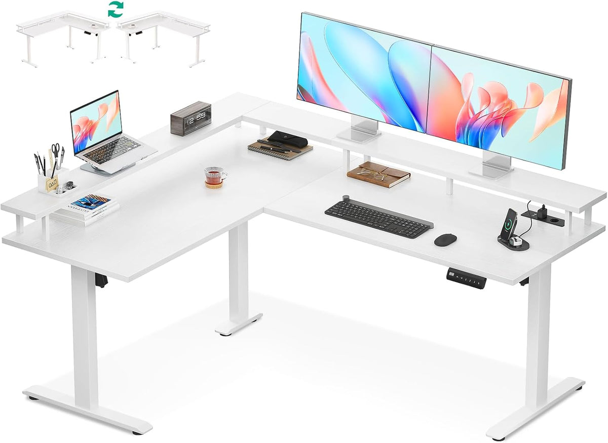 OffiGo Hoekbureau in Hoogte verstelbaar, 150x120cm Elektrisch Staand Bureau met Stopcontact, Standing Desk L-vorm met Monitorstandaard, Wit