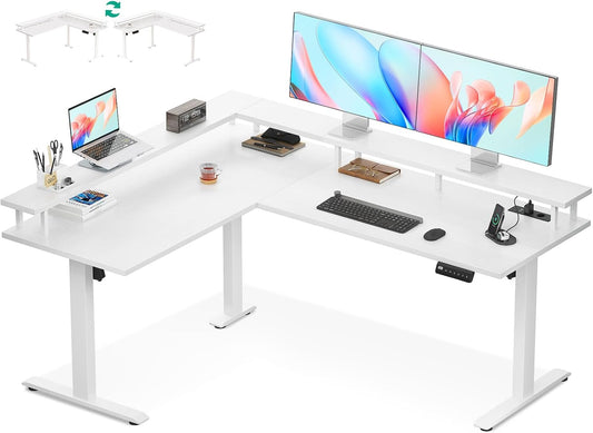 OffiGo Hoekbureau in Hoogte verstelbaar, 150x120cm Elektrisch Staand Bureau met Stopcontact, Standing Desk L-vorm met Monitorstandaard, Wit