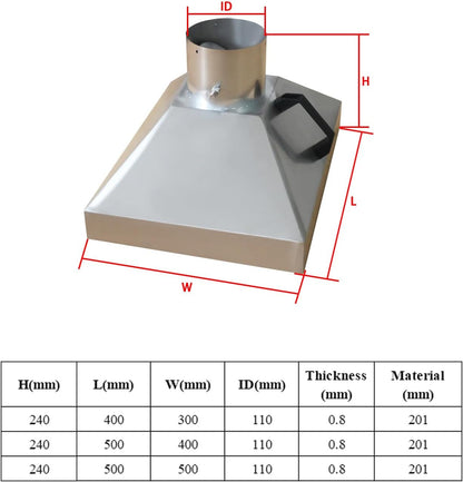 Afzuigkap roestvrij staal voor lassen mobiele afzuiger lasdampafzuiging werkplaats soldeerrook ventilator lasrookafzuiging soldeerdamp afzuiger industriele afzuiging (L500mm W500mm ID110mm)