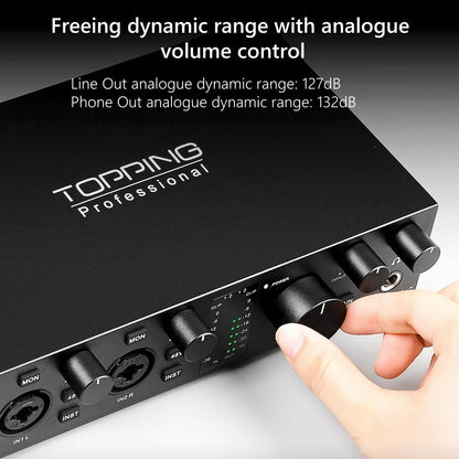 Topping Professional E2x2, USB-audio-interface en ultralineaire microfoonvoorversterkermodule (zwart)