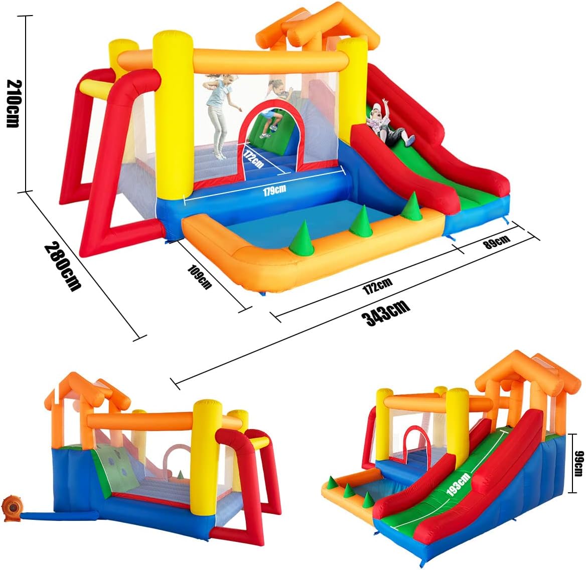Springkasteel met ventilator, springkasteel voor kinderen, indoor, cadeaus voor kinderverjaardagsfeestjes, 343 x 280 x 203 cm