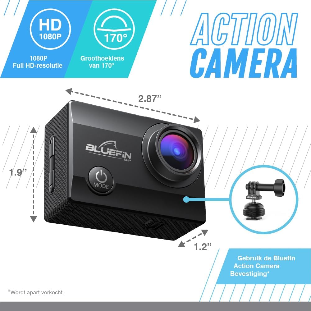 Bluefin C-Scape Action Camera 4K | Full HD Video- en Fotoresolutie | 1080p | 170 Graden Fisheye Lens | 30M Waterdicht | LCD Scherm | Wifi Verbinding | Oplaadbare Batterijen | Onderwatercamera
