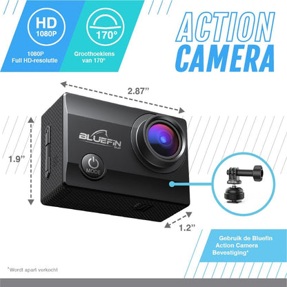 Bluefin C-Scape Action Camera 4K | Full HD Video- en Fotoresolutie | 1080p | 170 Graden Fisheye Lens | 30M Waterdicht | LCD Scherm | Wifi Verbinding | Oplaadbare Batterijen | Onderwatercamera