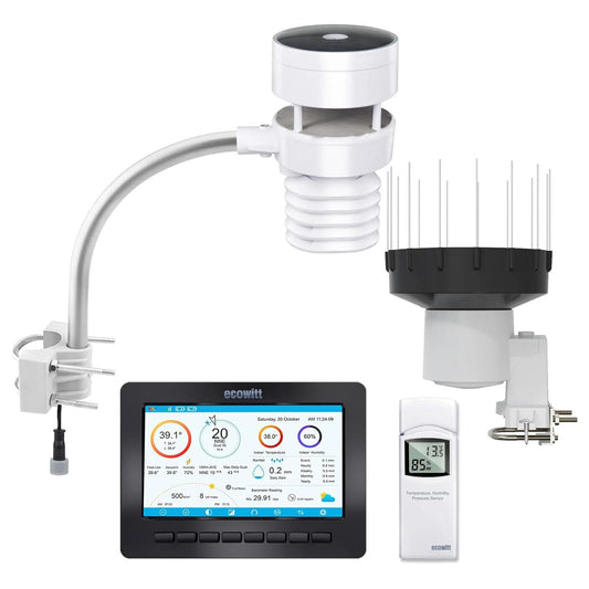 ECOWITT HP2553H WLAN-weerstation, 7-in-1 met 7 inch TFT-kleurendisplay, buitensensor WS80 met ultrasone windmeter + regenmeter WH40H + temperatuur- en vochtigheidssensor WN32