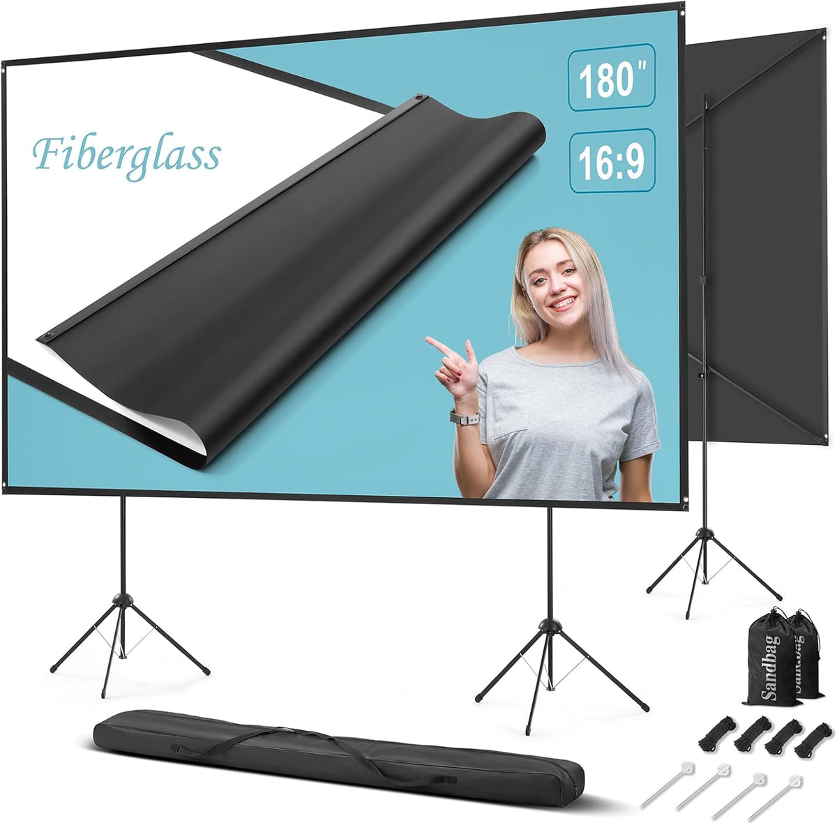 Beamerscherm voor buiten, met statief, 180 inch (16:9), draagbaar projectiescherm, windbestendig projectiescherm, glasvezel, stabiele steun, statief/wandmontage, voor tuinfeesten, thuisbioscoop.