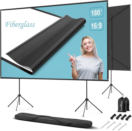 Beamerscherm voor buiten, met statief, 180 inch (16:9), draagbaar projectiescherm, windbestendig projectiescherm, glasvezel, stabiele steun, statief/wandmontage, voor tuinfeesten, thuisbioscoop.