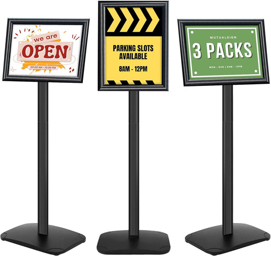 A4 Displaystandaard – Bordstandaard – Bordhouder – Vloerstandaard – Menustandaard – 3-Delige Set Zwart – Verzwaarde Basis 2,6 Kg – Verstelbare 180°/360° Kijkhoek