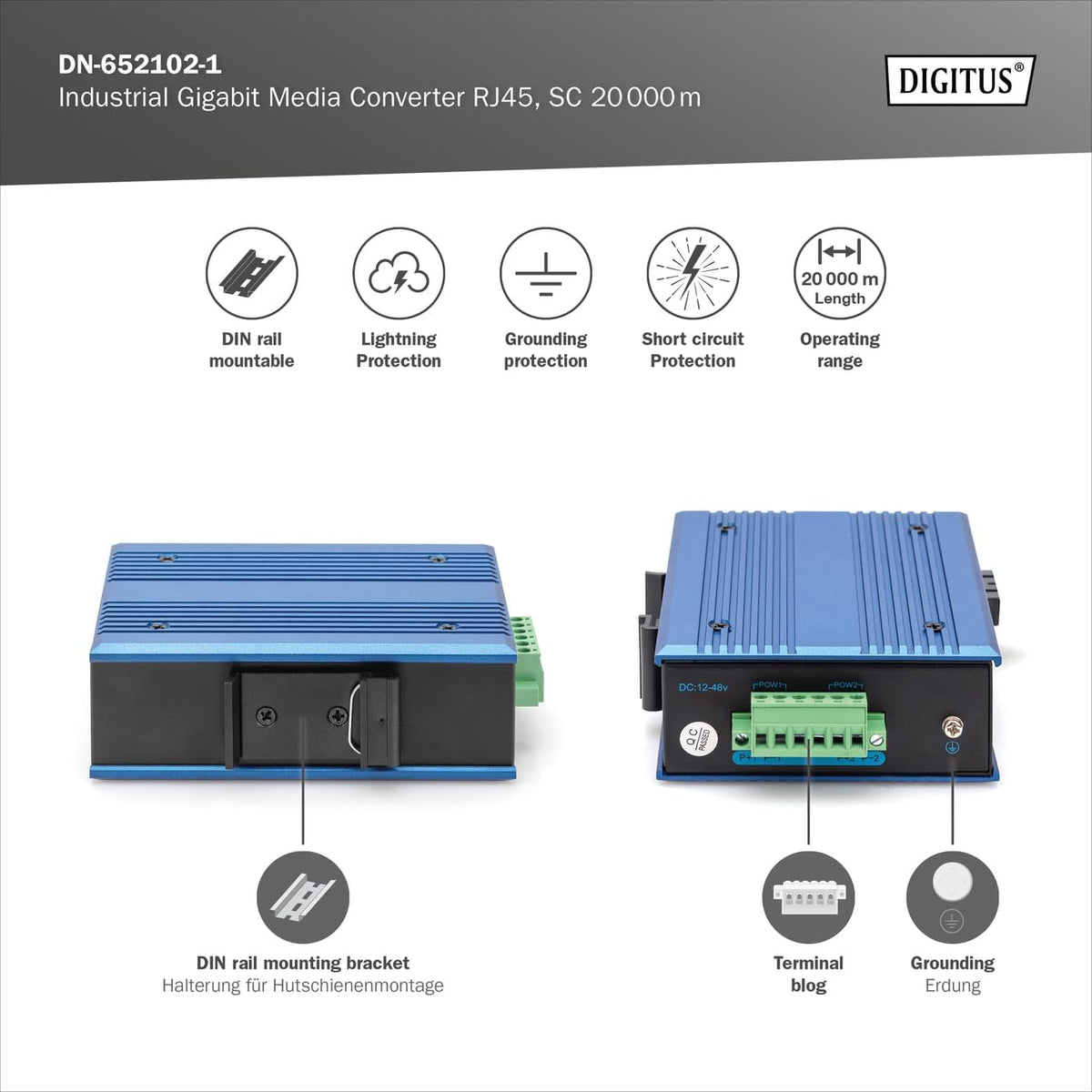 DIGITUS industriële Gigabit mediaconverter - 1x RJ45, 1x SC-Duplex 1310nm -Singlemode glasvezel - 20 km bereik - 10/100/1000 Mbps - DIN rail montage - zwart/blauw