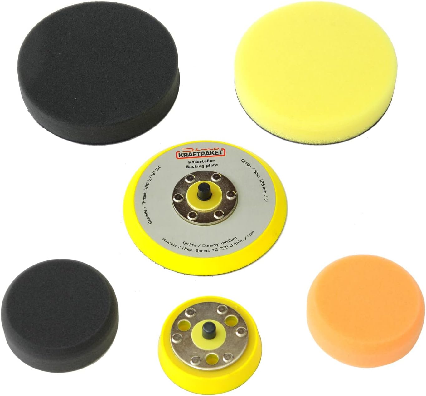 Dino KRAFTPAKET 640220 9mm-650W excentrische polijstmachine, oneindig variabele set met polijstspons & Dino KRAFTPAKET UPGRADE set 75mm 125mm steunplaat en polijstpads, (640220, 640296)