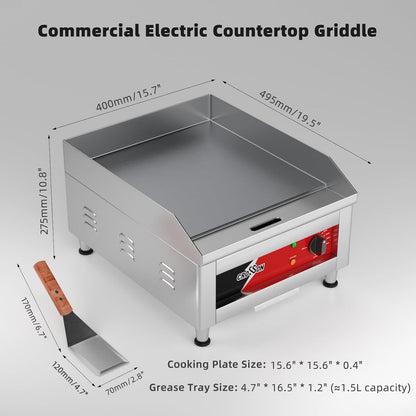 CROSSON Professionele Gastro Grillplaat 2500W,Elektrische Grill van Roestvrij Staal,Glad Oppervlak Kookoppervlak 40 x 40 cm,temperatuur 88-300 °C,voor restaurant en thuisgebruik