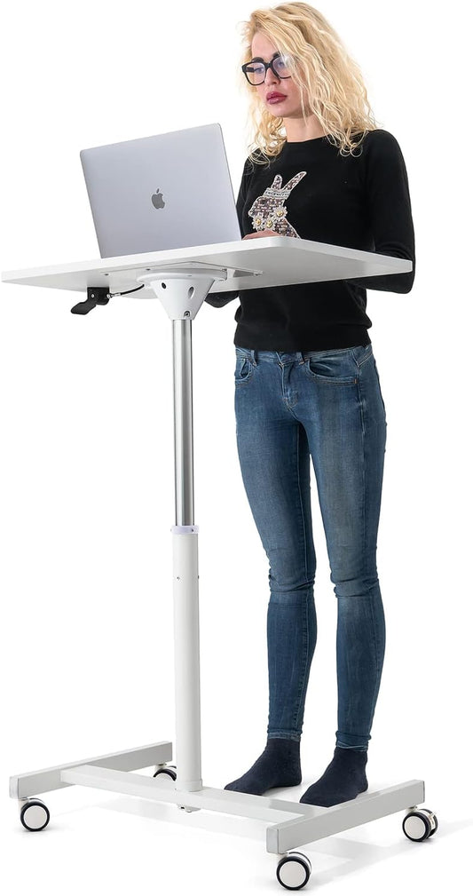 Tatkraft Trend Airlift pneumatisch zit-sta laptopbureau met wielen, verstelbare hoogte 74-114 cm Moeiteloze gasliftregeling, thuiskantoor mobiele laptopstandaard, Wit