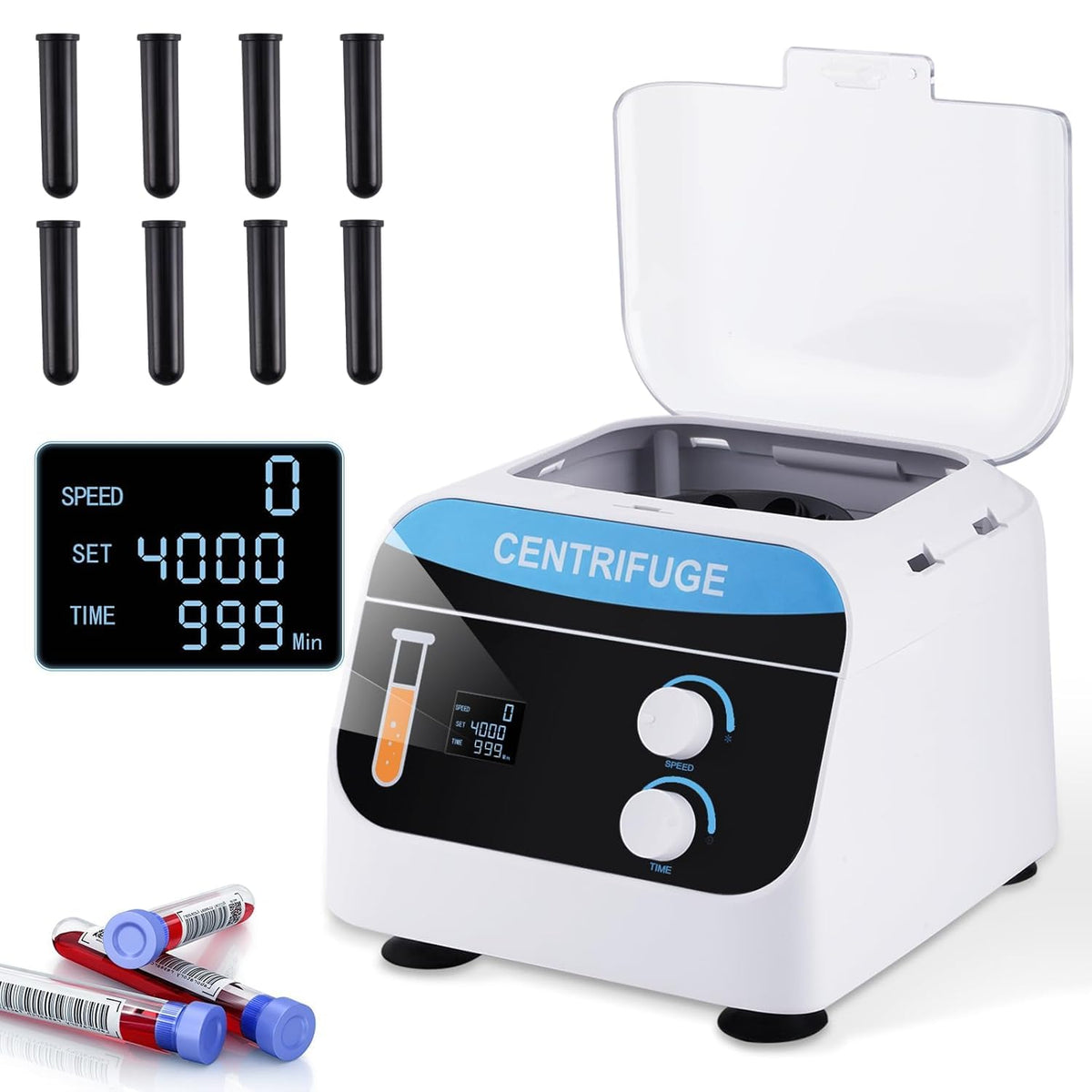 YUCHENGTECH Laboratoriumcentrifuge Tafelcentrifuge Digitale Lage Snelheid Centrifuge 8x20ml 4000 rpm 0-999 Min 1920xg voor Centrifugebuisjes van 5 ml/7 ml/10 ml, 28x26x21cm 5kg