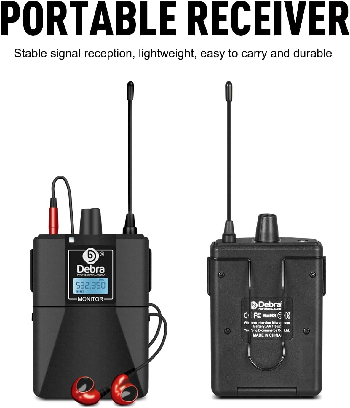 D Debra PRO ER-102 UHF Draadloze In-ear Monitor - Enkel Kanaal met Zender & Ontvanger voor Podium, Studio, Muzikanten (1 Bodypack)