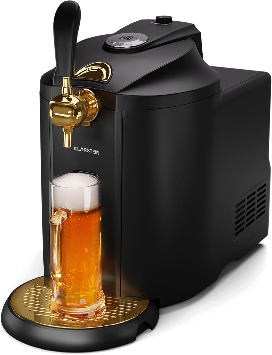 KLARSTEIN Beerkules Bierdispenser - 5 liter vaatcompatibiliteit, ultrasnelle koeling, instelbare temperatuur, CO2-cartridgesysteem, LCD-display, zwart-goud - perfecte biermachine voor thuisbars