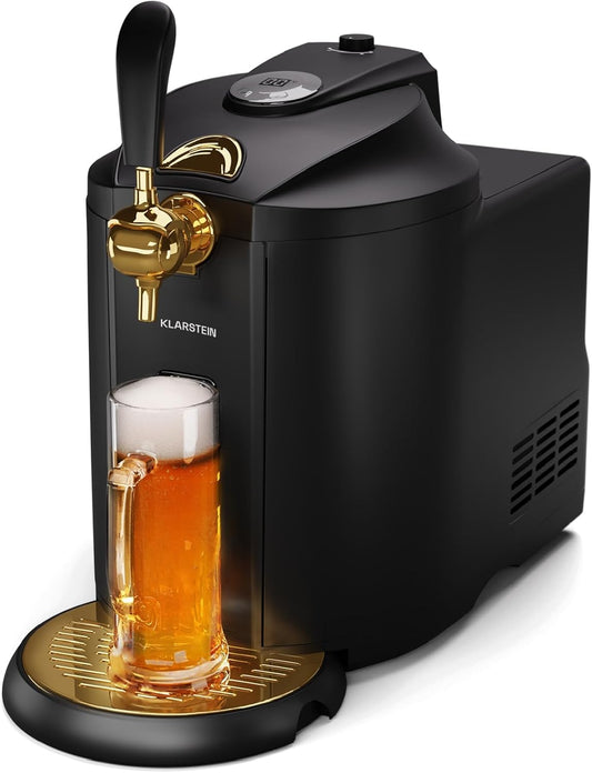 KLARSTEIN Beerkules Bierdispenser - 5 liter vaatcompatibiliteit, ultrasnelle koeling, instelbare temperatuur, CO2-cartridgesysteem, LCD-display, zwart-goud - perfecte biermachine voor thuisbars