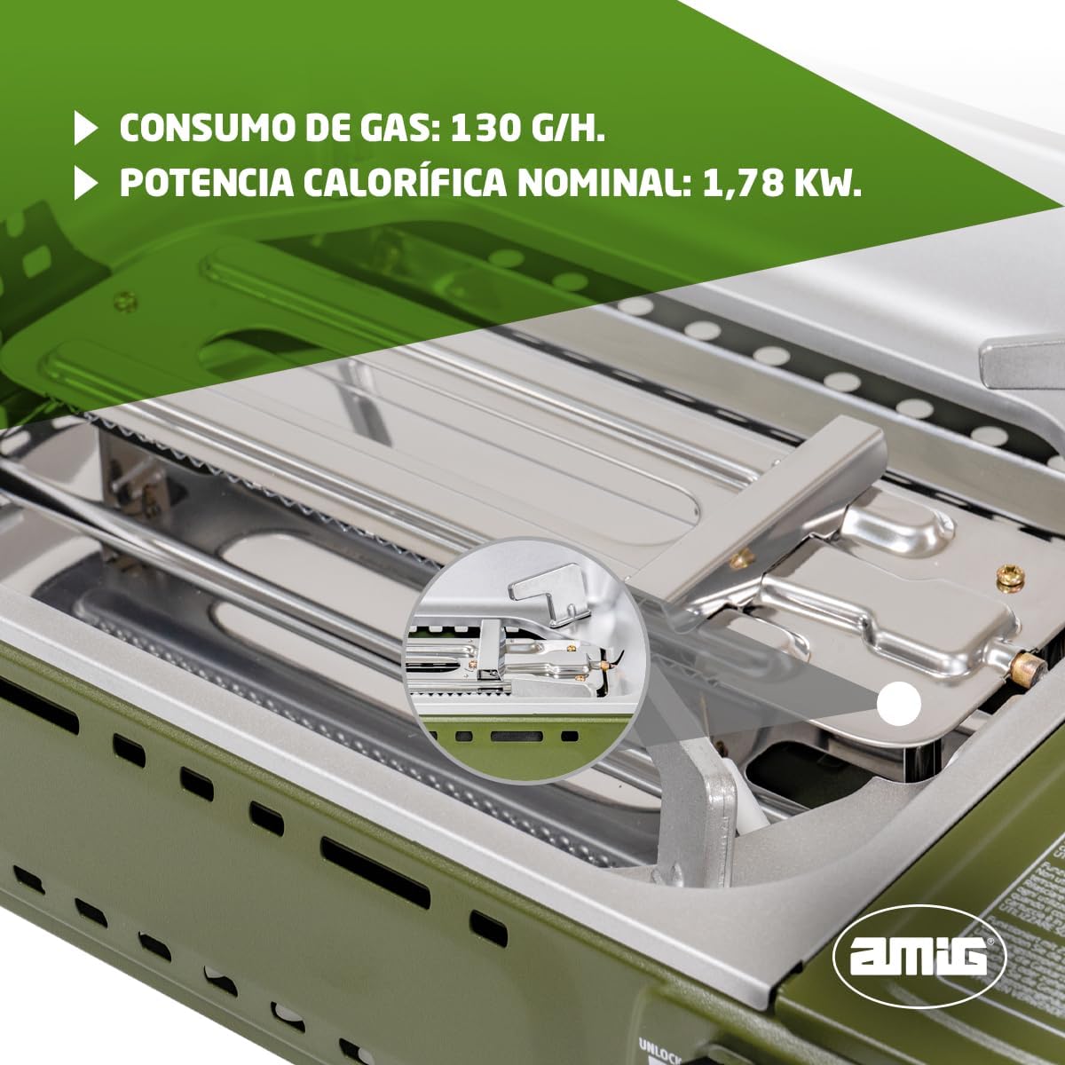 Amig - Camping gas - Portable stove - Grill - Cast aluminium grill - With grease tray made of stainless steel - Power: 1.8 kW - Suitable for B-250 gas cartridges - QUORE