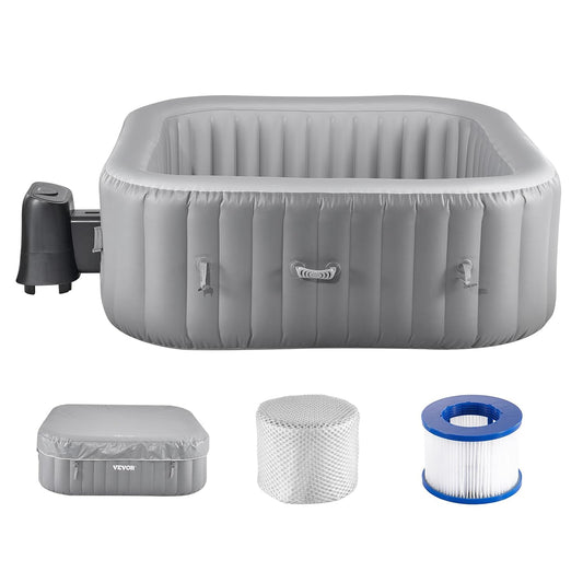 VEVOR Opblaasbare ronde badkuip voor 4 tot 6 personen, 185 x 66 cm, met 130 ontspannende sproeiers, filter, afdekking, mat, bedieningspaneel, thermisch zwembad voor buiten, grijs
