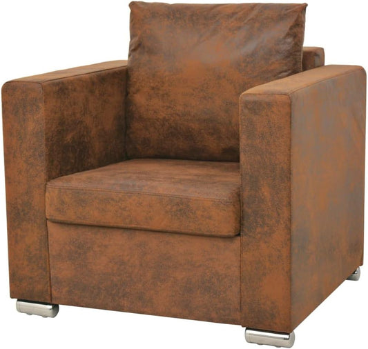 Fauteuil Bruin Suède Look – Loungestoel – Televisiestoel – Relaxstoel – Bureaustoel – Dik Gevoerde Bekleding – Stevig Houten Frame