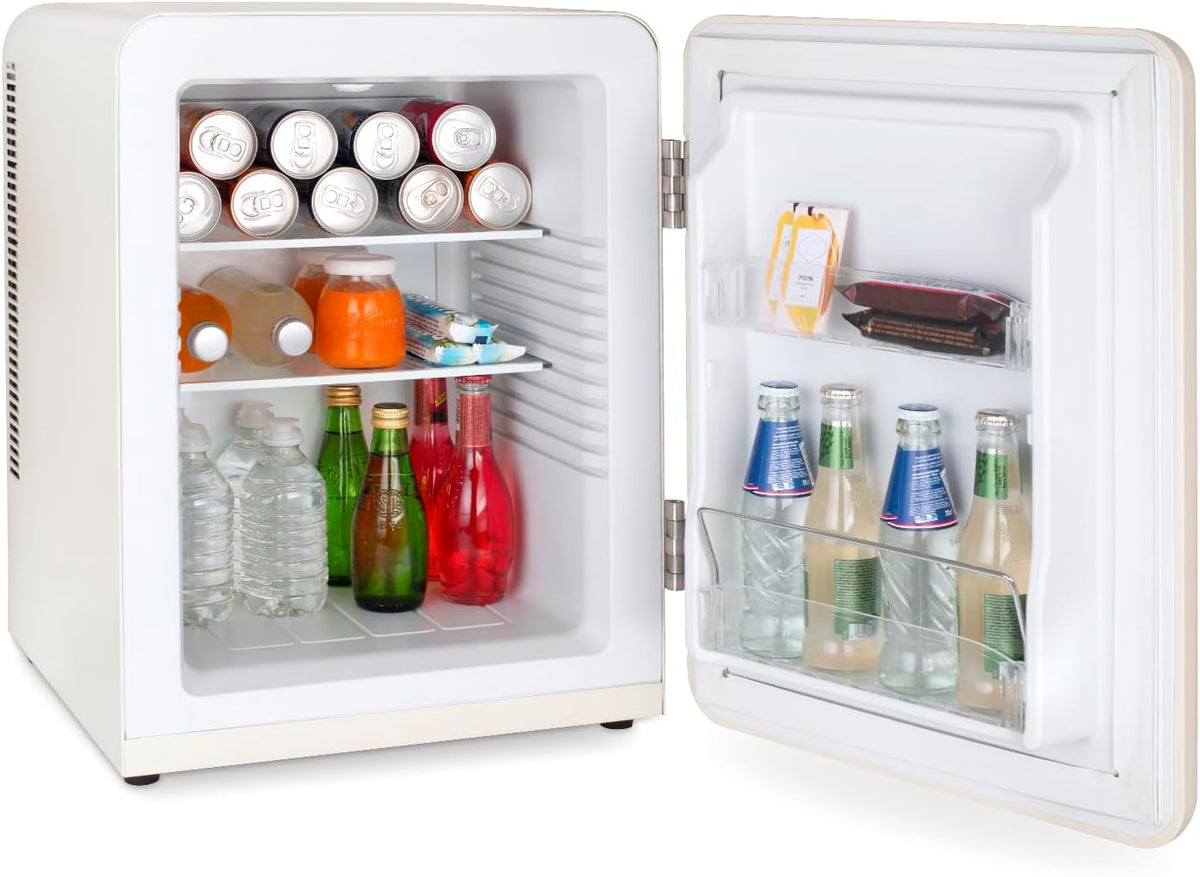 SWEISS WEISS8 Mini-bar, vintage, 31 l, mini-koelkast, compact, retro design, stille koelkast, 24 dB, voor slaapkamer, kantoor, dranken of cosmetica, instelbare temperatuur 6°-15 °C, beige