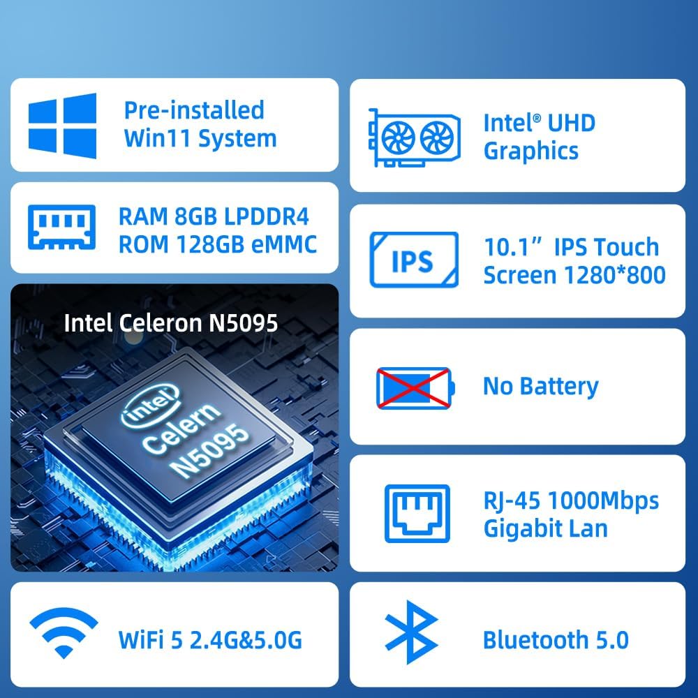 Computer Mini PC Mini Desktop Computers Win 11 Pro N5095, Touch Screen Mini PC 10.1 Inch with 8GB RAM, 128GB ROM, Dual 4K Display Output, HDMI, Dual Rs232, WiFi 5.0, BT 5.0, Type-C - QUORE