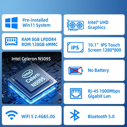 Computer Mini PC Mini Desktop Computers Win 11 Pro N5095, Touch Screen Mini PC 10.1 Inch with 8GB RAM, 128GB ROM, Dual 4K Display Output, HDMI, Dual Rs232, WiFi 5.0, BT 5.0, Type-C - QUORE