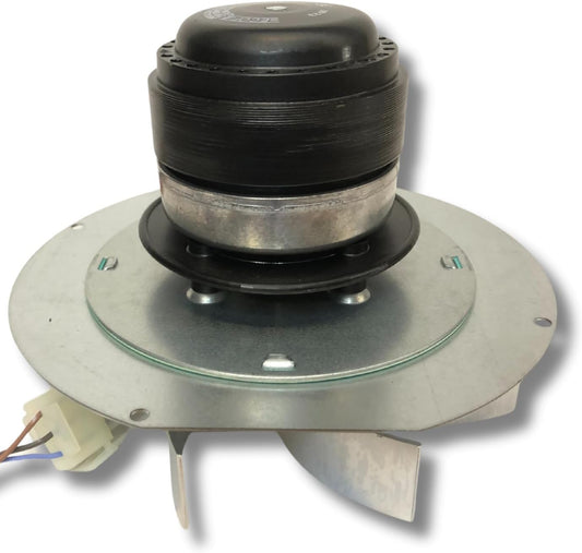 rookafzuiging voor pelletkachels met EcoFit 2RECA3-motor, FANDIS VFCA23 met ventilator van 25 mm hoogte, vermogen 23/27 watt, diameter ventilator 150 mm