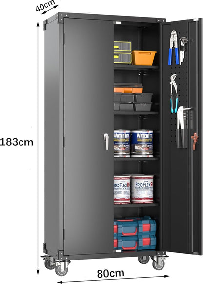 Metalen opbergkast – Zwarte stalen kast – Garagekast – Opbergkast met wielen – Opslagkast – 183 x 80 x 42 cm – Afsluitbaar met 4 verstelbare planken