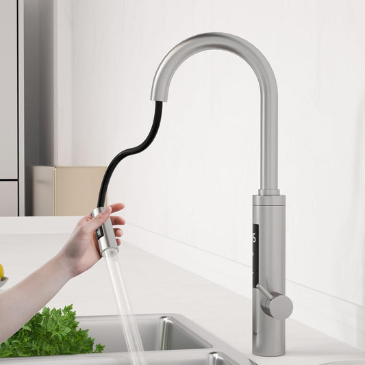 Waterkraan met doorstroomboiler, 3,3 kW digitaal display, elektrische waterkraan met 360° rotatie en 10 inch uittrekbare slang en 2 sproeimodi, 220-240 V, 30-45 °C, zilver