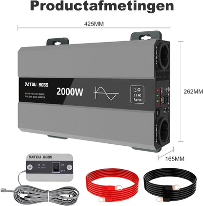 DATOUBOSS Omvormer 12v naar 230v Zuivere Sinus 2000w, Omvormer 12v naar 230v met AC-Aansluiting en 3A USB-Poort Soor Thuis, Camper, Off-Grid Zonne-Energie-Inverter (SAK-12V2000W)